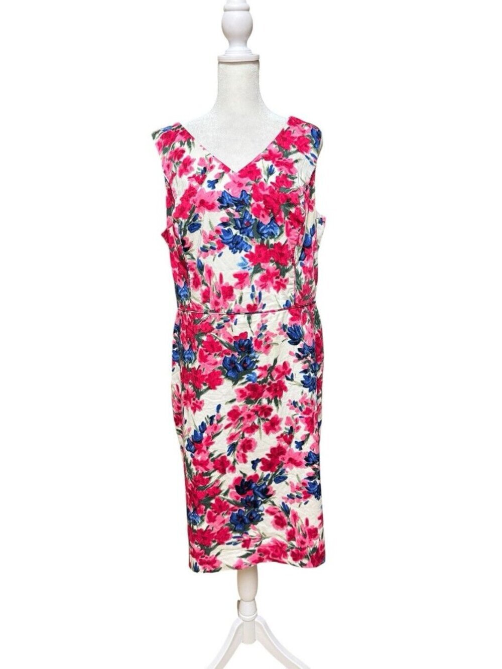 Talbots Floral Sheath Dress Size 14 Pink Blue Cotton Stretch